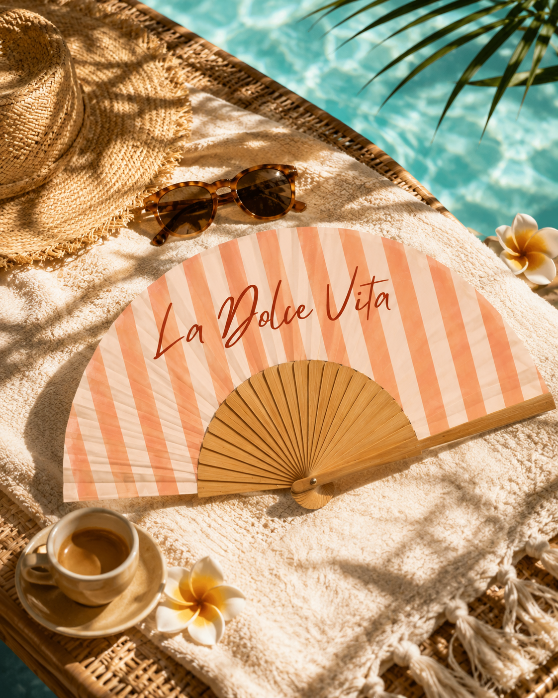 VEYOO striped fan poolside at a beach club